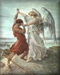 Jacob Wrestling with the Angel by Gustave Dor (1865, illustration from La Sainte Bible, New York, Granger Collection)
